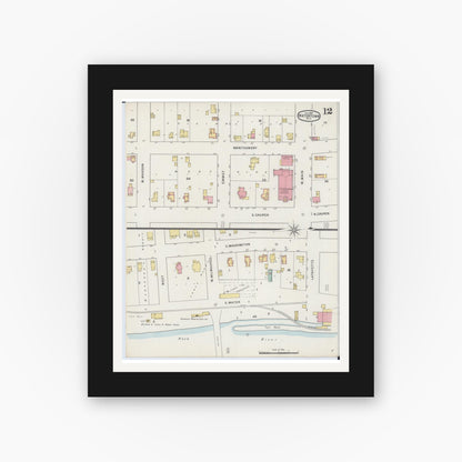 Old map wall art mockup — black gallery frame with white mat — Sanborn Fire Insurance Map from Watertown, Jefferson County, Wisconsin (1895), Sheet #0012