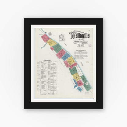 Old map wall art mockup — black gallery frame with white mat — Sanborn Fire Insurance Map from Wellsville, Columbiana County, Ohio (1908), Sheet #0001