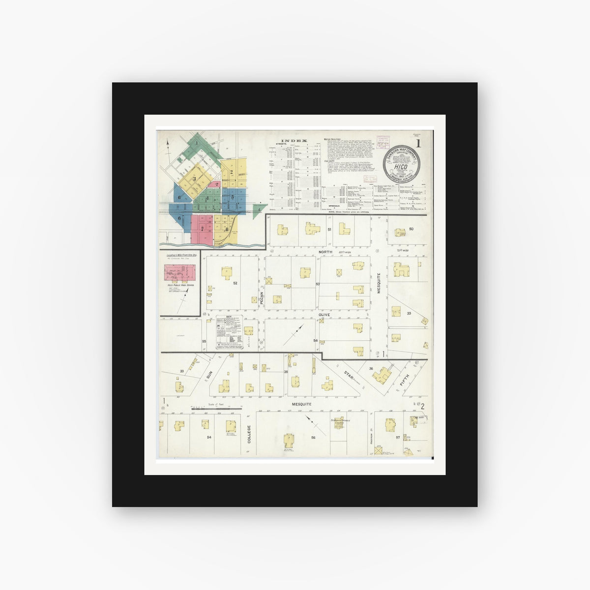 Old map wall art mockup — black gallery frame with white mat — Sanborn Fire Insurance Map from Hico, Hamilton County, Texas (1907) - Complete Map Set