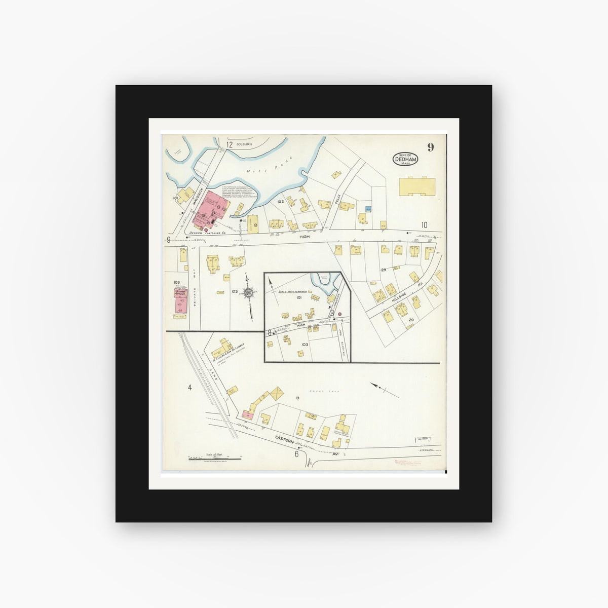 Old map wall art mockup — black gallery frame with white mat — Sanborn Fire Insurance Map from Dedham, Norfolk County, Massachusetts (1917), Sheet #0009