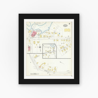 Old map wall art mockup — black gallery frame with white mat — Sanborn Fire Insurance Map from Dedham, Norfolk County, Massachusetts (1917), Sheet #0009