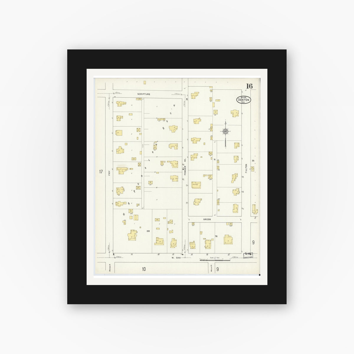 Old map wall art mockup — black gallery frame with white mat — Sanborn Fire Insurance Map from Denton, Denton County, Texas (1912), Sheet #0016
