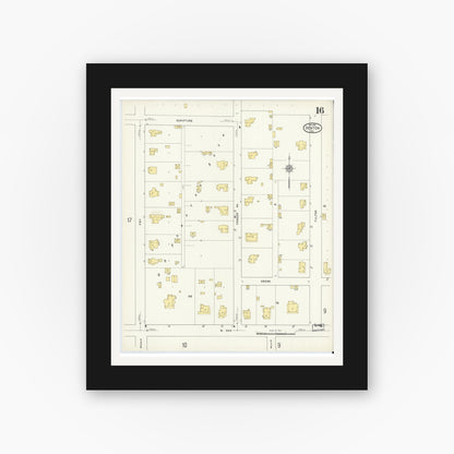Old map wall art mockup — black gallery frame with white mat — Sanborn Fire Insurance Map from Denton, Denton County, Texas (1912), Sheet #0016
