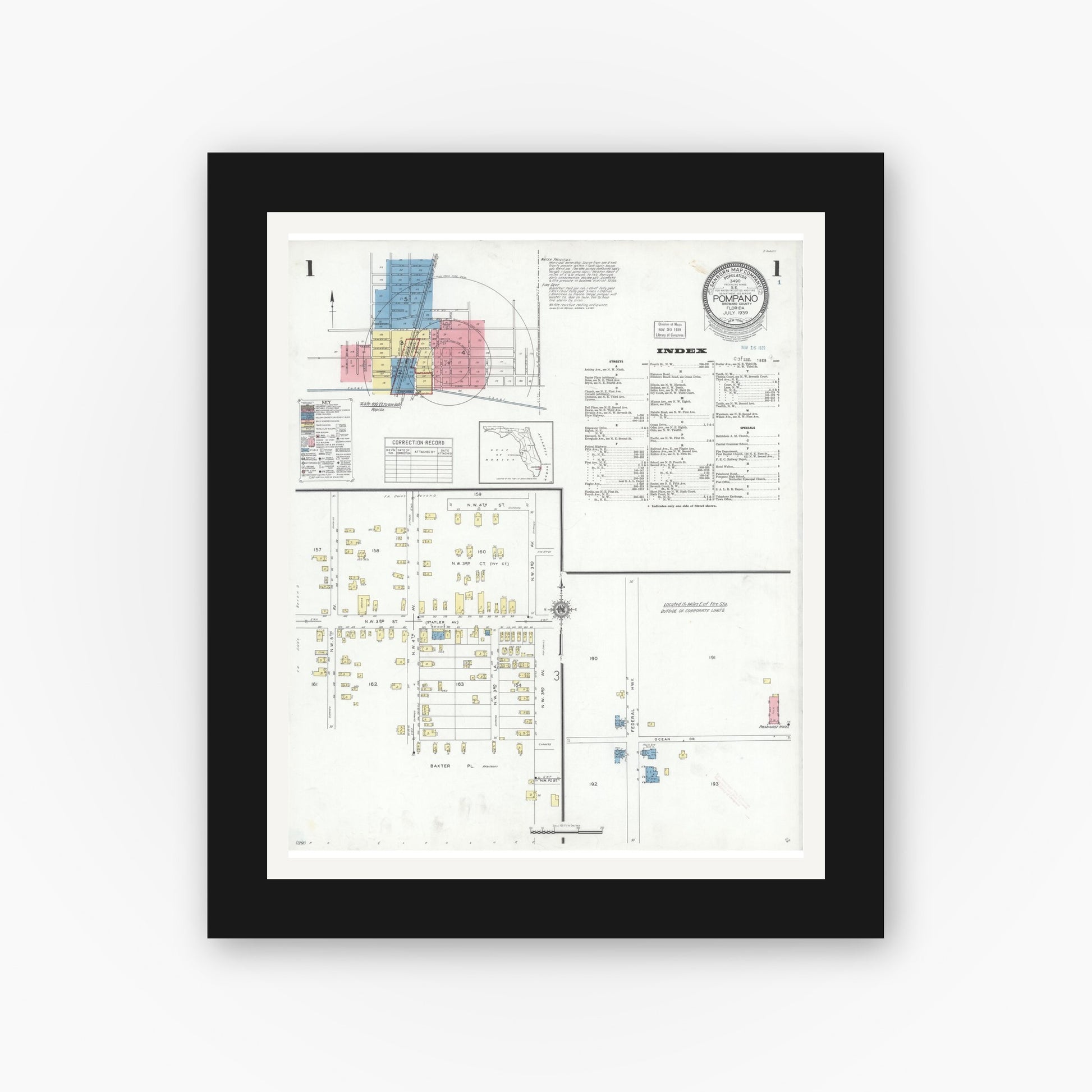 Old map wall art mockup — black gallery frame with white mat — Sanborn Fire Insurance Map from Pompano, Broward County, Florida (1939), Sheet #0001