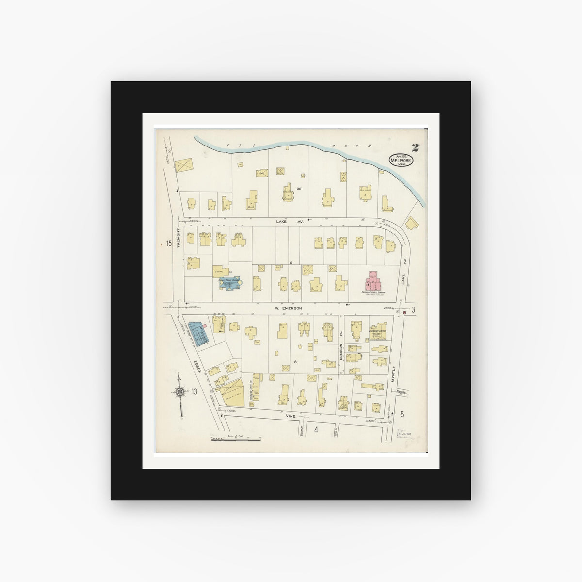 Old map wall art mockup — black gallery frame with white mat — Sanborn Fire Insurance Map from Melrose, Middlesex County, Massachusetts (1915), Sheet #0002