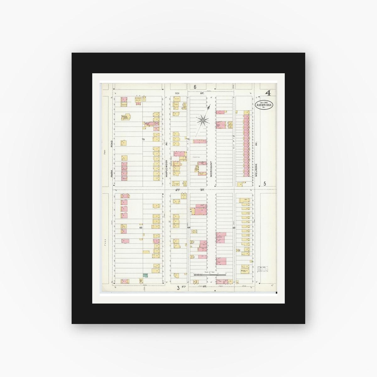 Old map wall art mockup — black gallery frame with white mat — Sanborn Fire Insurance Map from Ambridge, Beaver County, Pennsylvania (1905), Sheet #0004