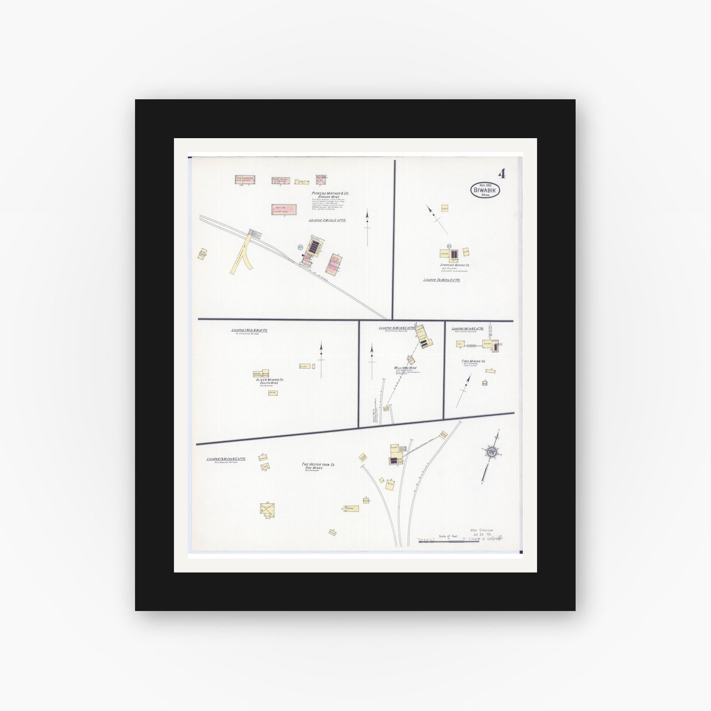 Old map wall art mockup — black gallery frame with white mat — Sanborn Fire Insurance Map from Biwabik, Saint Louis County, Minnesota (1912), Sheet #0004