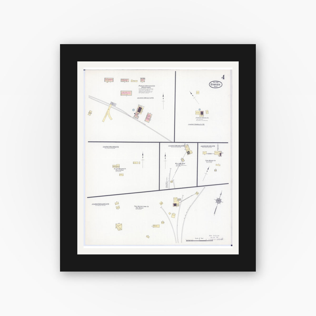 Old map wall art mockup — black gallery frame with white mat — Sanborn Fire Insurance Map from Biwabik, Saint Louis County, Minnesota (1912), Sheet #0004