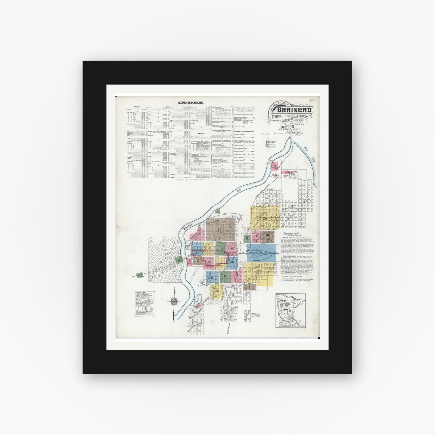 Old map wall art mockup — black gallery frame with white mat — Sanborn Fire Insurance Map from Brainerd, Crow Wing County, Minnesota (1917) - Complete Map Set