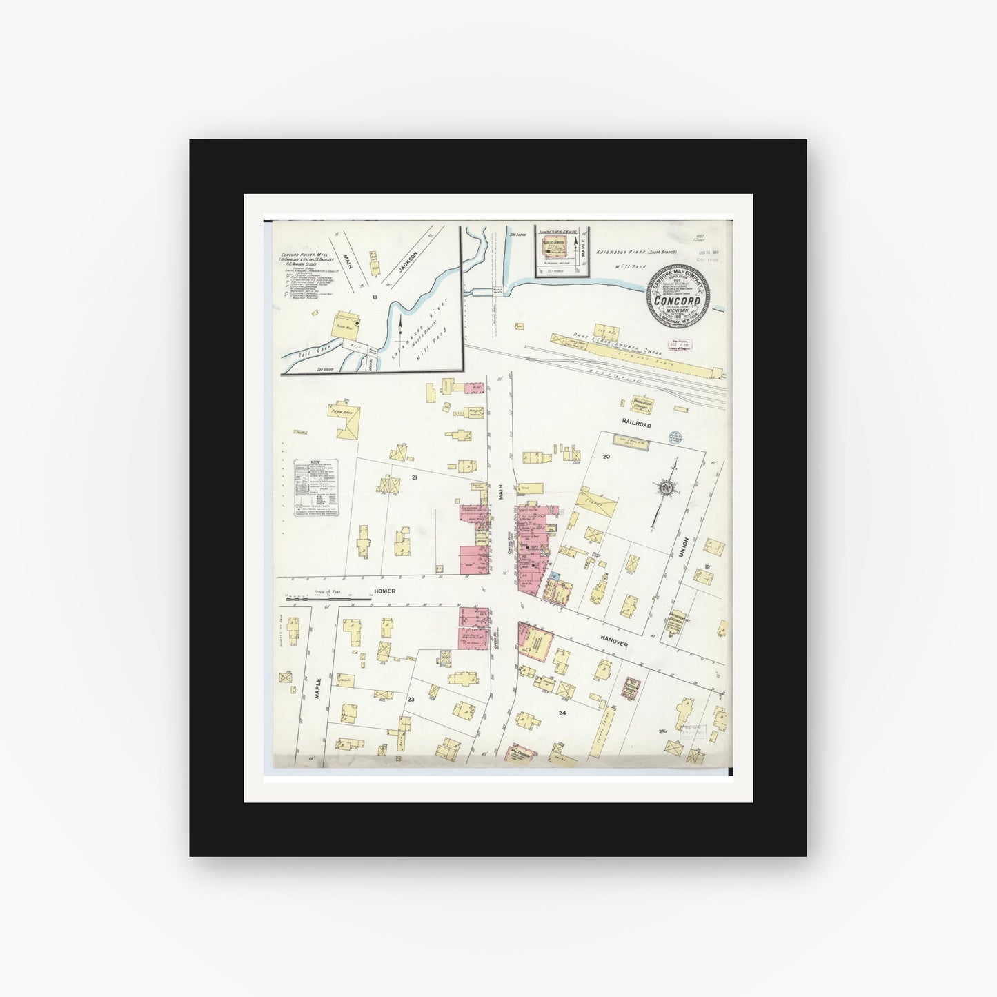 Old map wall art mockup — black gallery frame with white mat — Sanborn Fire Insurance Map from Concord, Jackson County, Michigan (1911), Sheet #0001