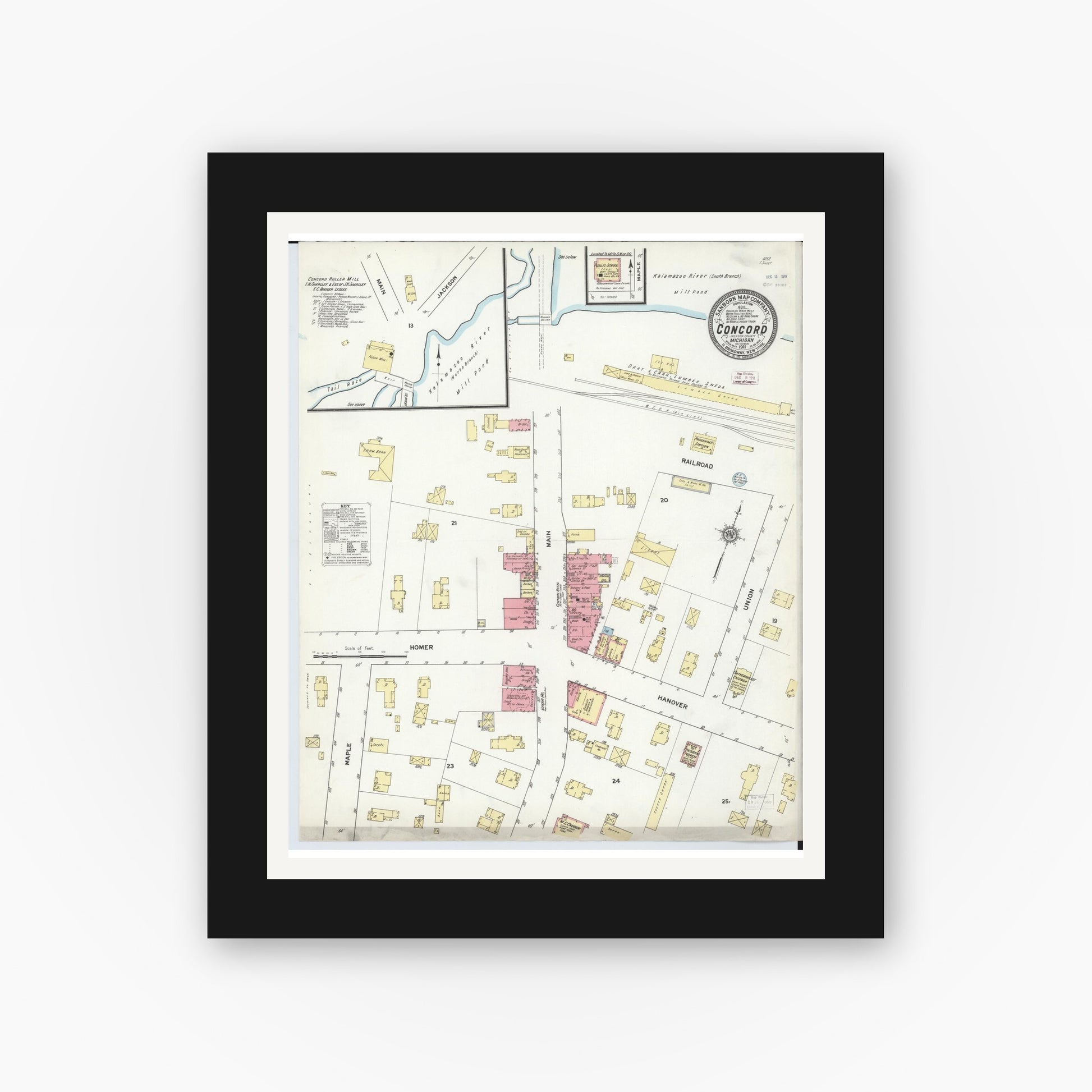 Old map wall art mockup — black gallery frame with white mat — Sanborn Fire Insurance Map from Concord, Jackson County, Michigan (1911), Sheet #0001