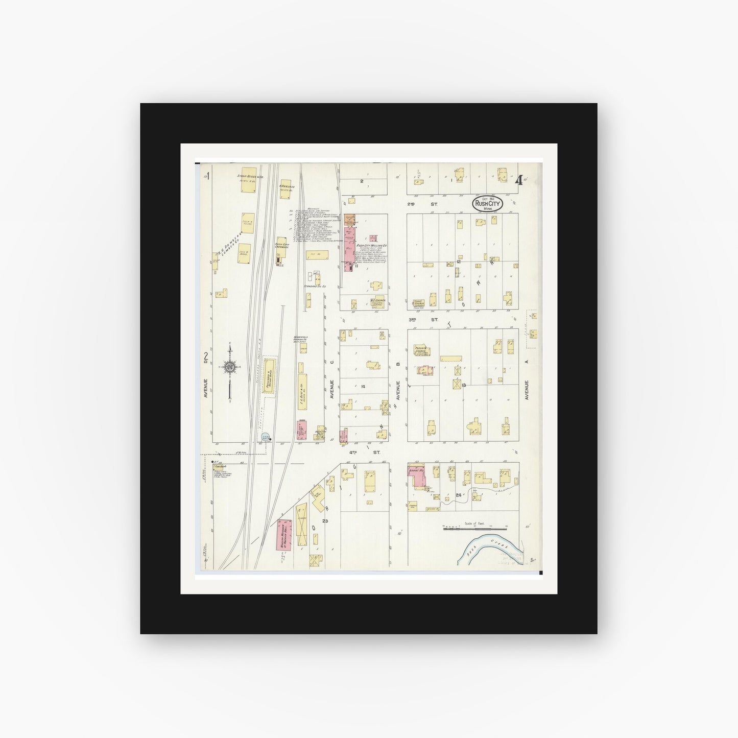 Old map wall art mockup — black gallery frame with white mat — Sanborn Fire Insurance Map from Rush City, Chisago County, Minnesota (1912), Sheet #0004
