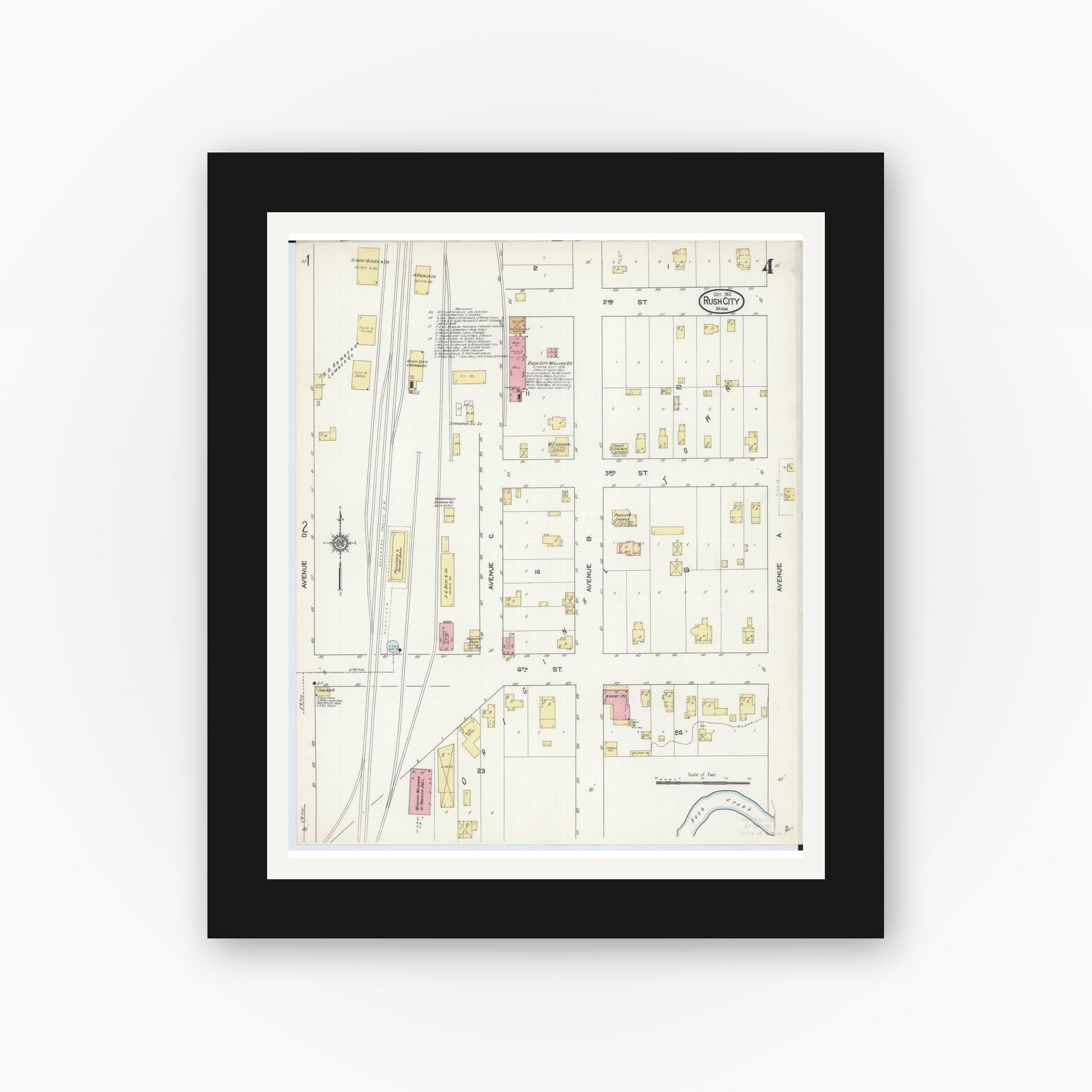 Old map wall art mockup — black gallery frame with white mat — Sanborn Fire Insurance Map from Rush City, Chisago County, Minnesota (1912), Sheet #0004