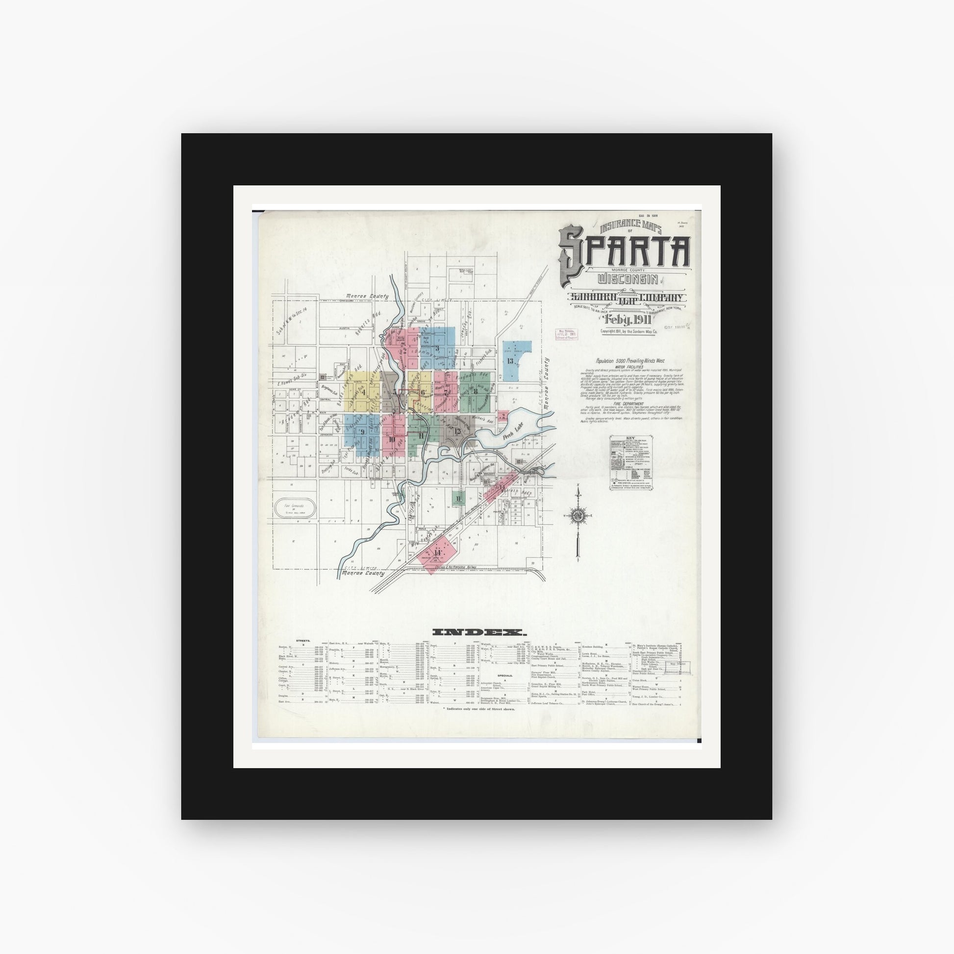 Old map wall art mockup — black gallery frame with white mat — Sanborn Fire Insurance Map from Sparta, Monroe County, Wisconsin (1911) - Complete Map Set
