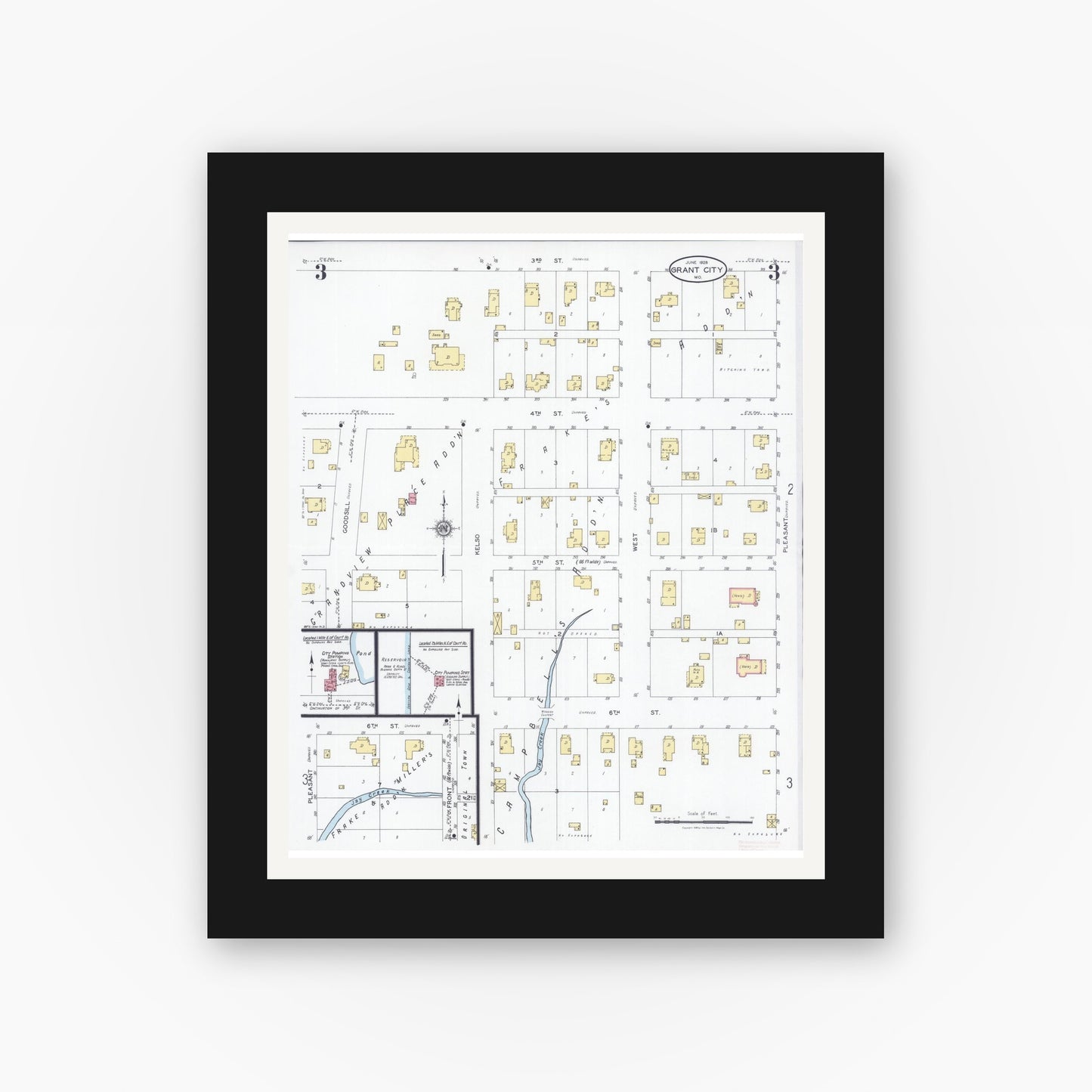Old map wall art mockup — black gallery frame with white mat — Sanborn Fire Insurance Map from Grant City, Worth County, Missouri (1928), Sheet #0003