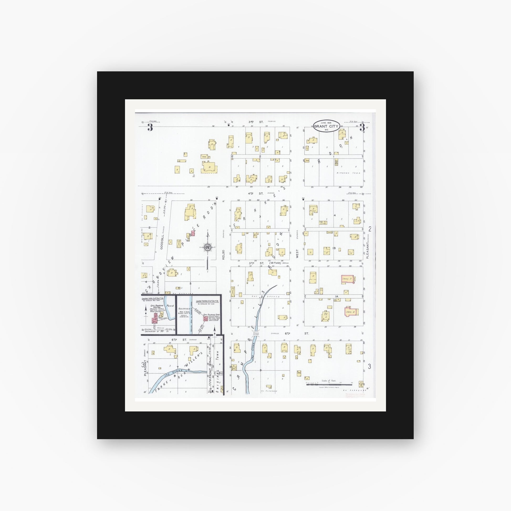 Old map wall art mockup — black gallery frame with white mat — Sanborn Fire Insurance Map from Grant City, Worth County, Missouri (1928), Sheet #0003