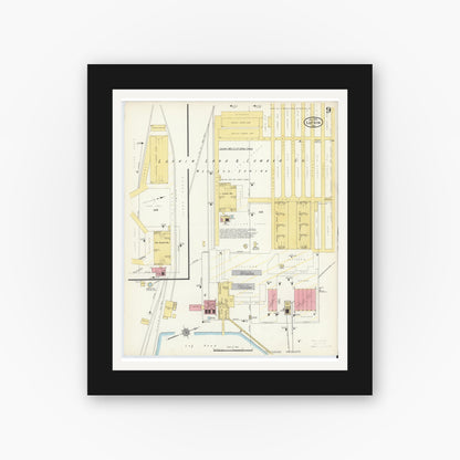 Old map wall art mockup — black gallery frame with white mat — Sanborn Fire Insurance Map from Lufkin, Angelina County, Texas (1915), Sheet #0009