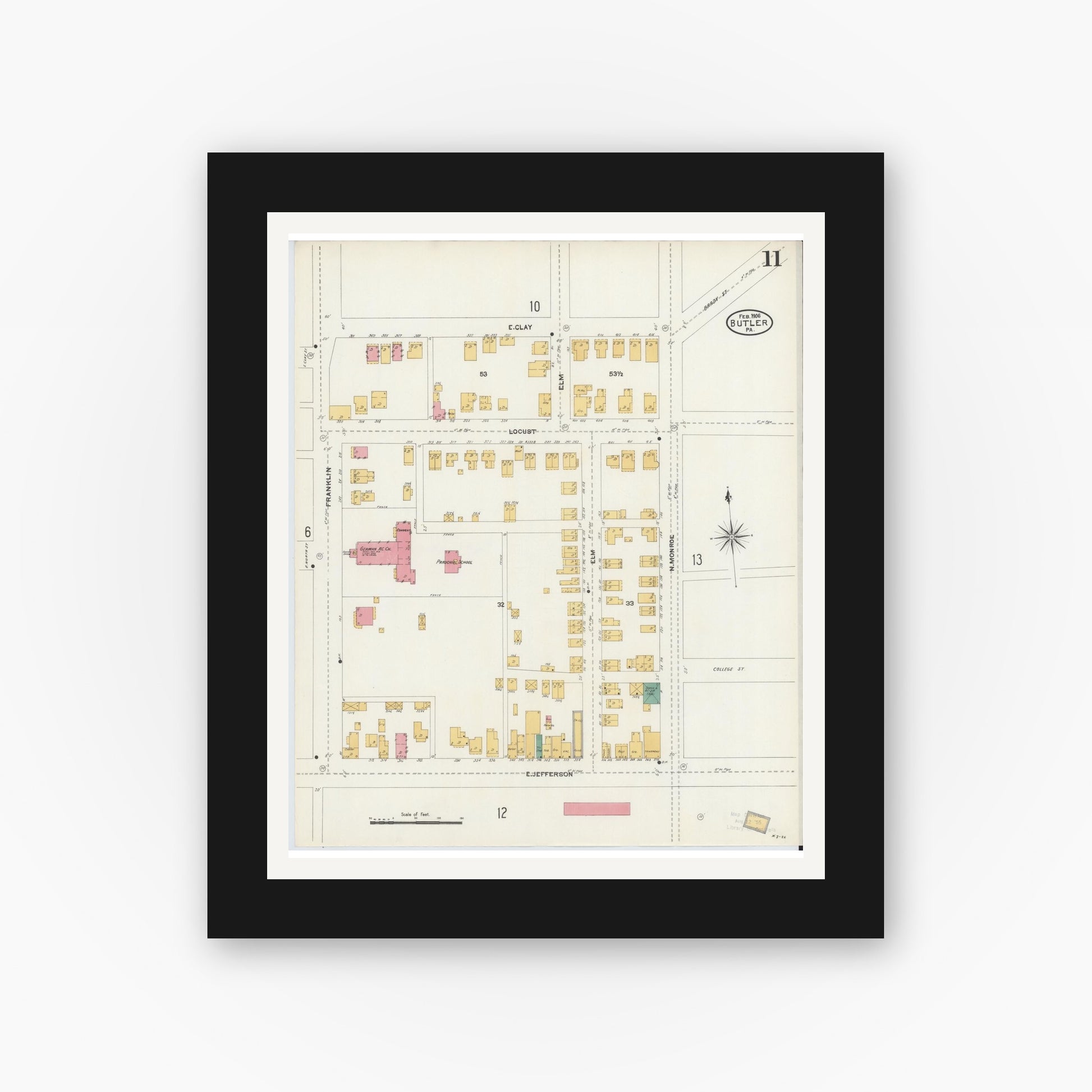 Old map wall art mockup — black gallery frame with white mat — Sanborn Fire Insurance Map from Butler, Butler County, Pennsylvania (1906), Sheet #0011