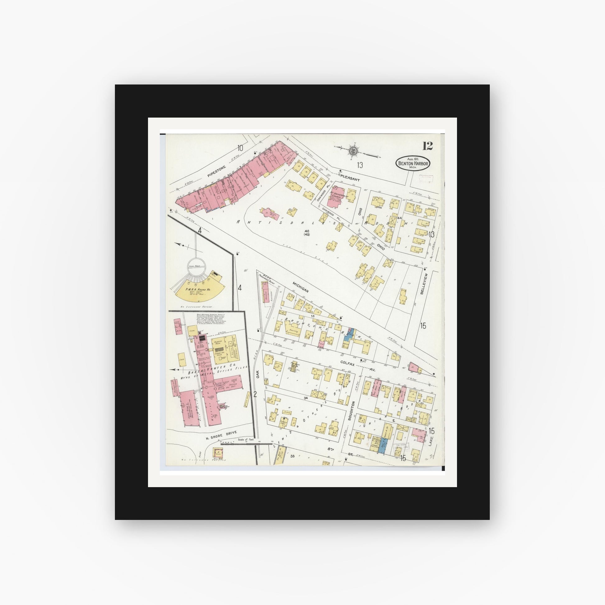 Old map wall art mockup — black gallery frame with white mat — Sanborn Fire Insurance Map from Benton Harbor, Berrien County, Michigan (1911), Sheet #0012