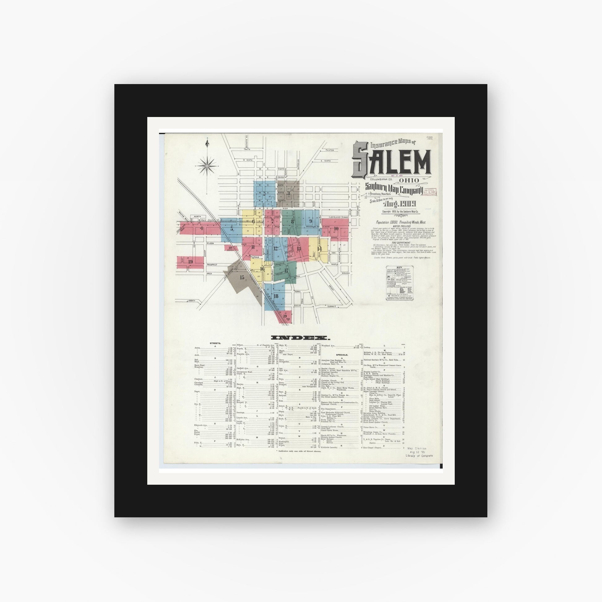 Old map wall art mockup — black gallery frame with white mat — Sanborn Fire Insurance Map from Salem, Columbiana County, Ohio (1909) - Complete Map Set