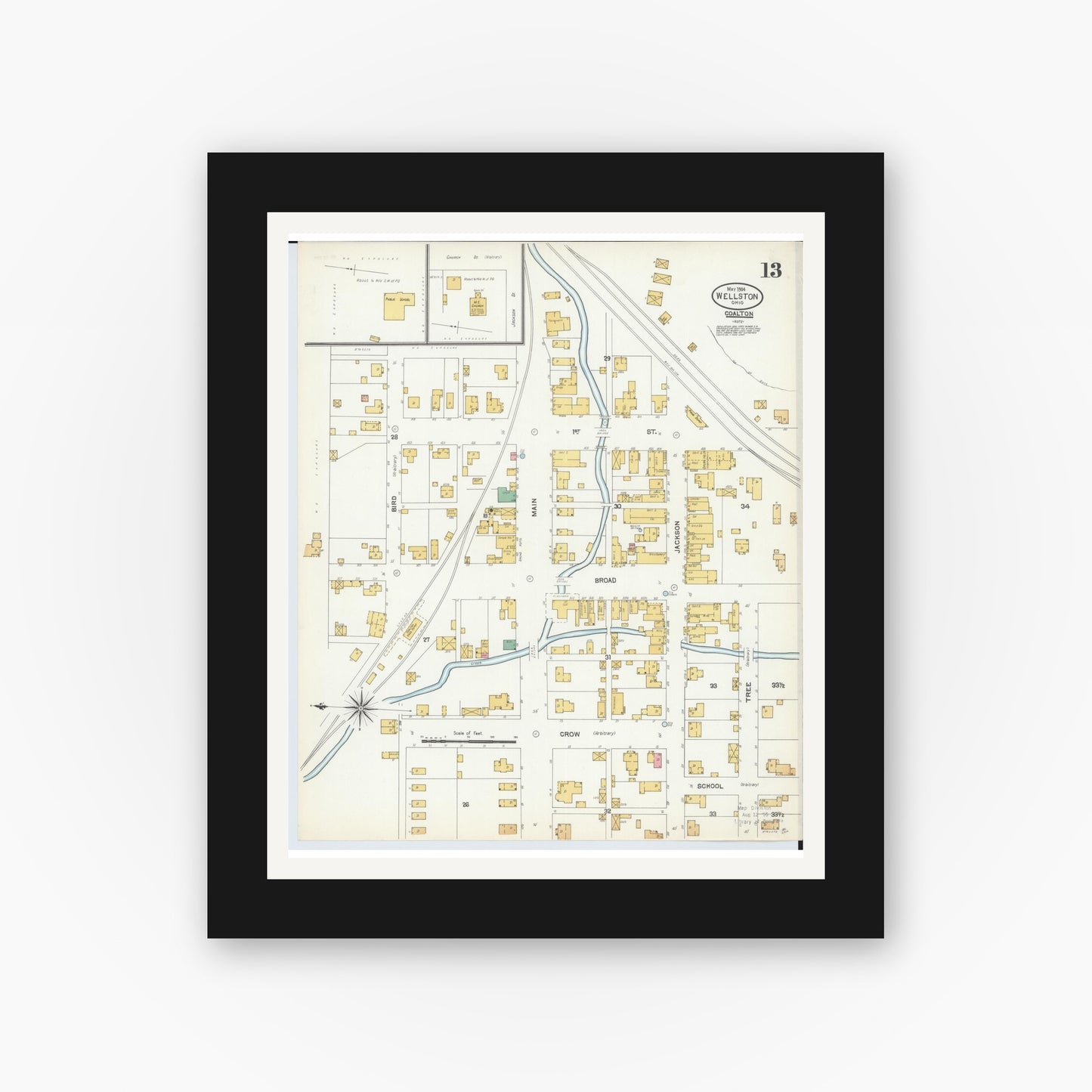 Old map wall art mockup — black gallery frame with white mat — Sanborn Fire Insurance Map from Wellston, Jackson County, Ohio (1904), Sheet #0013