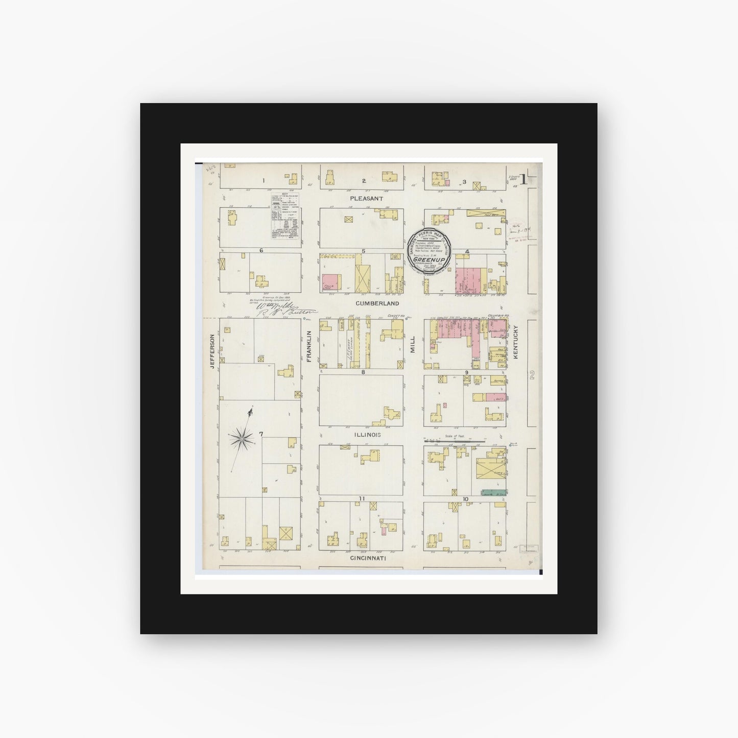 Old map wall art mockup — black gallery frame with white mat — Sanborn Fire Insurance Map from Greenup, Cumberland County, Illinois (1893), Sheet #0001