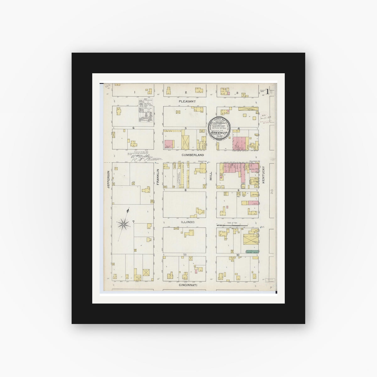Old map wall art mockup — black gallery frame with white mat — Sanborn Fire Insurance Map from Greenup, Cumberland County, Illinois (1893), Sheet #0001