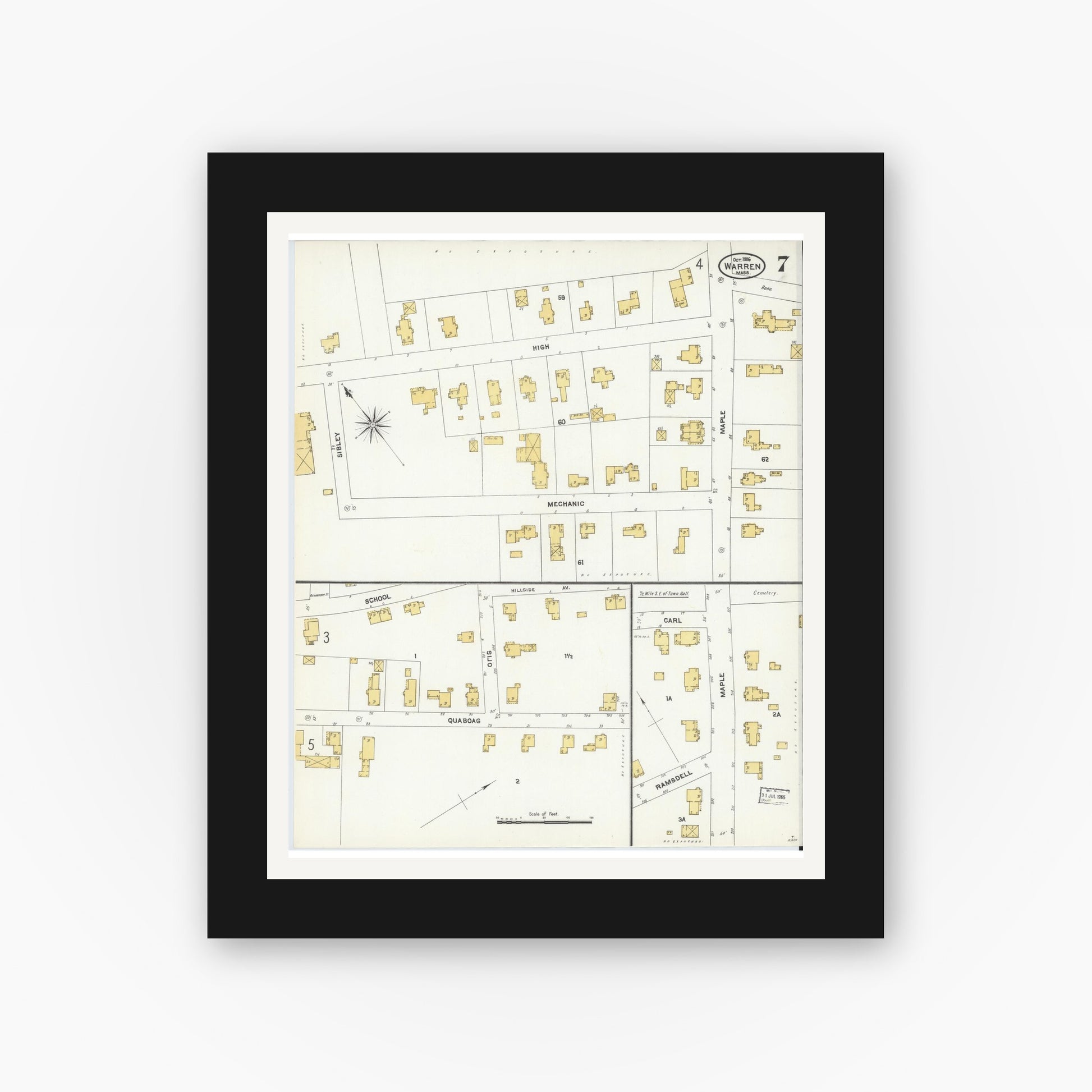 Old map wall art mockup — black gallery frame with white mat — Sanborn Fire Insurance Map from Warren, Worcester County, Massachusetts (1906), Sheet #0007