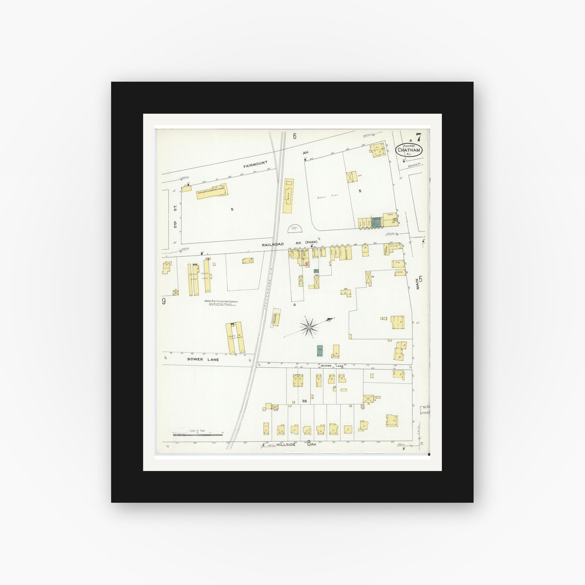 Old map wall art mockup — black gallery frame with white mat — Sanborn Fire Insurance Map from Chatham, Morris County, New Jersey (1909), Sheet #0007