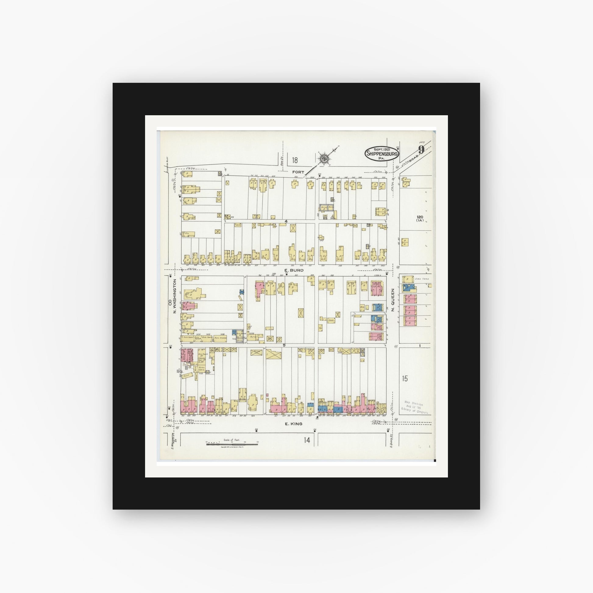 Old map wall art mockup — black gallery frame with white mat — Sanborn Fire Insurance Map from Shippensburg, Cumberland And Franklin Counties, Pennsylvania (1921), Sheet #0009