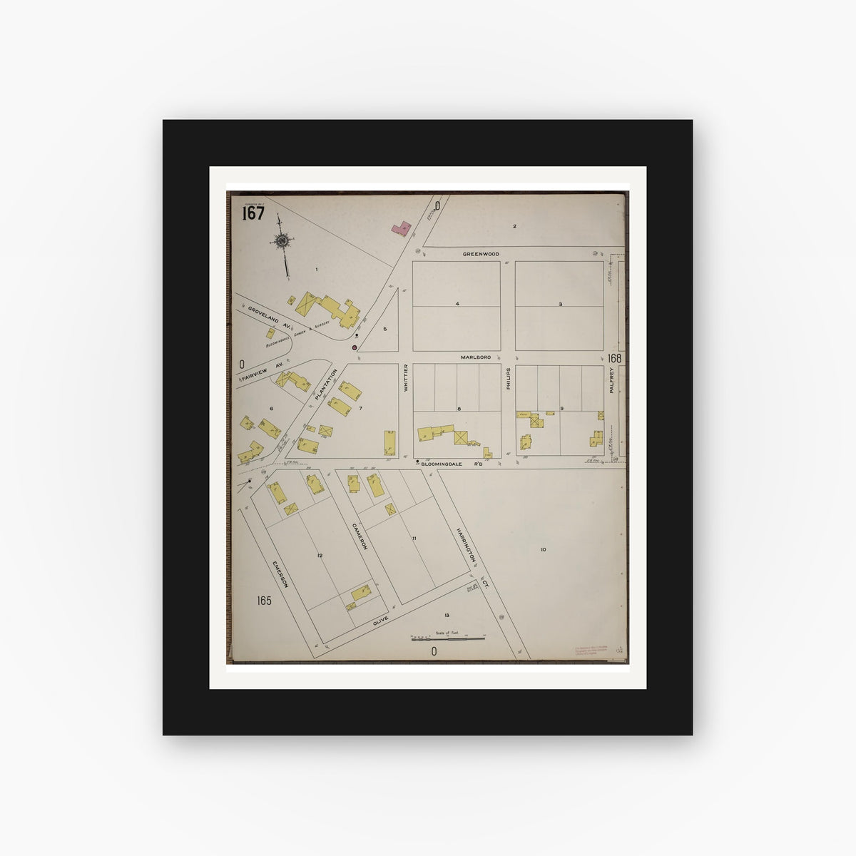 Old map wall art mockup — black gallery frame with white mat — Sanborn Fire Insurance Map from Worcester, Worcester County, Massachusetts (1910), Sheet #0167