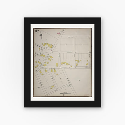 Old map wall art mockup — black gallery frame with white mat — Sanborn Fire Insurance Map from Worcester, Worcester County, Massachusetts (1910), Sheet #0167