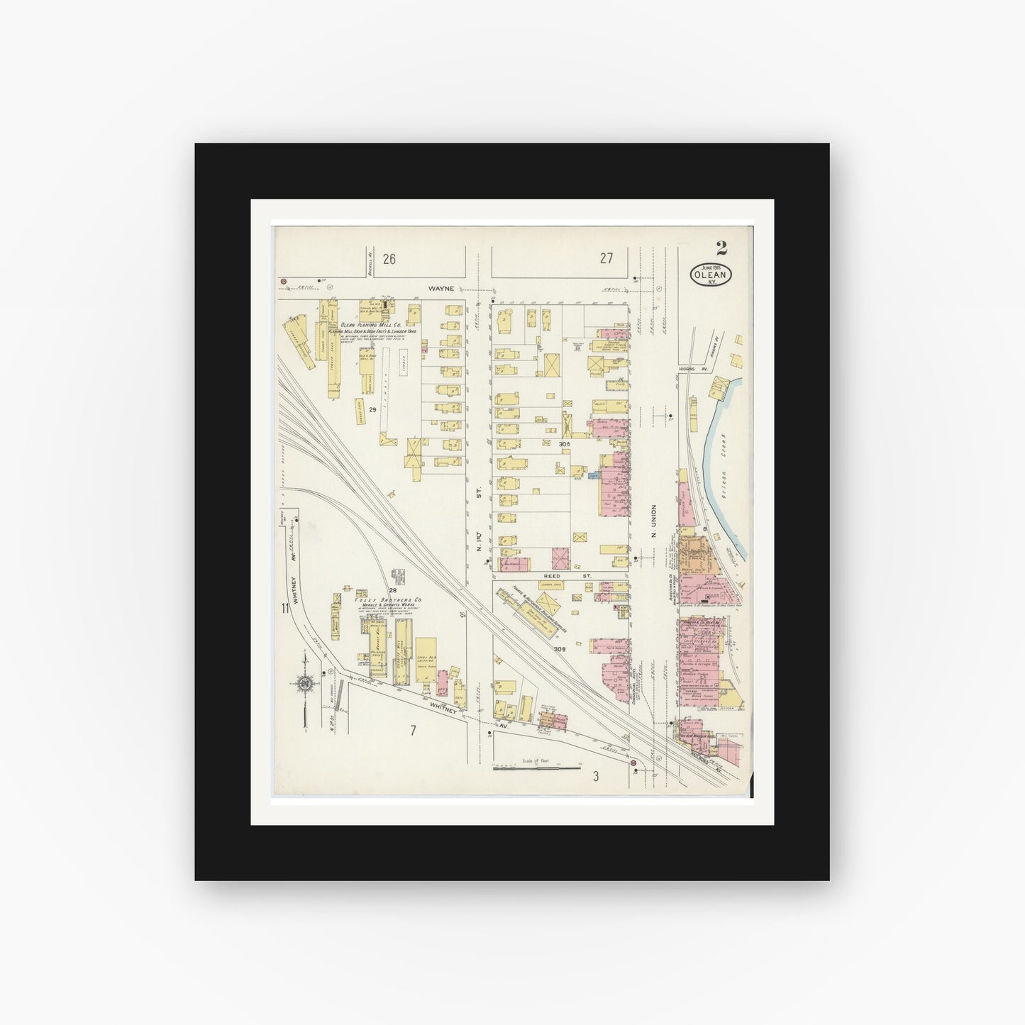 Old map wall art mockup — black gallery frame with white mat — Sanborn Fire Insurance Map from Olean, Cattaraugus County, New York (1915) - Complete Map Set