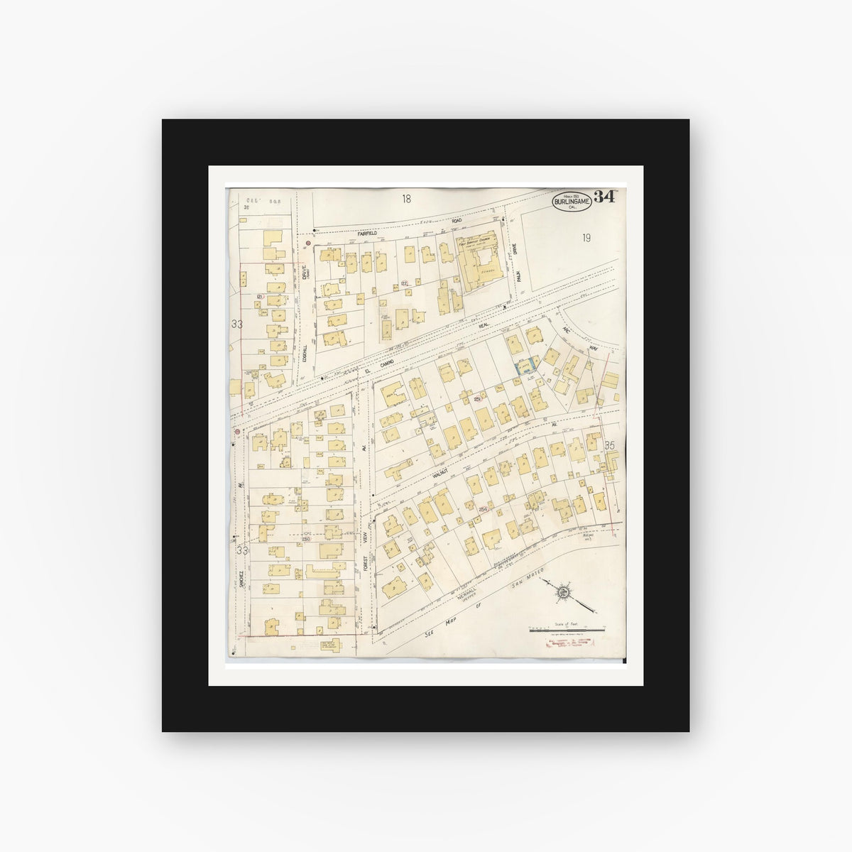 Old map wall art mockup — black gallery frame with white mat — Sanborn Fire Insurance Map from Burlingame, San Mateo County, California (1949), Sheet #0034