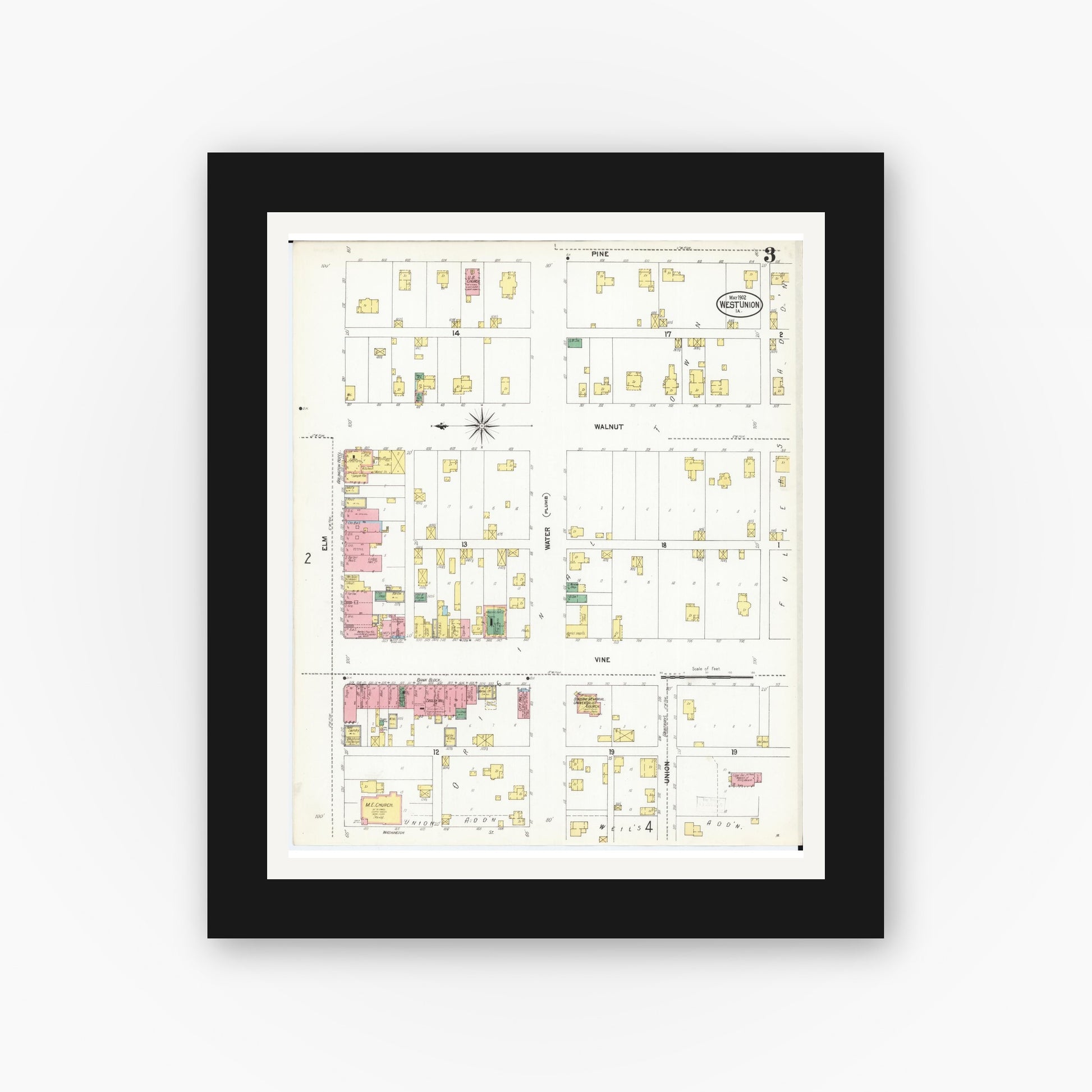 Old map wall art mockup — black gallery frame with white mat — Sanborn Fire Insurance Map from West Union, Fayette County, Iowa (1902), Sheet #0003