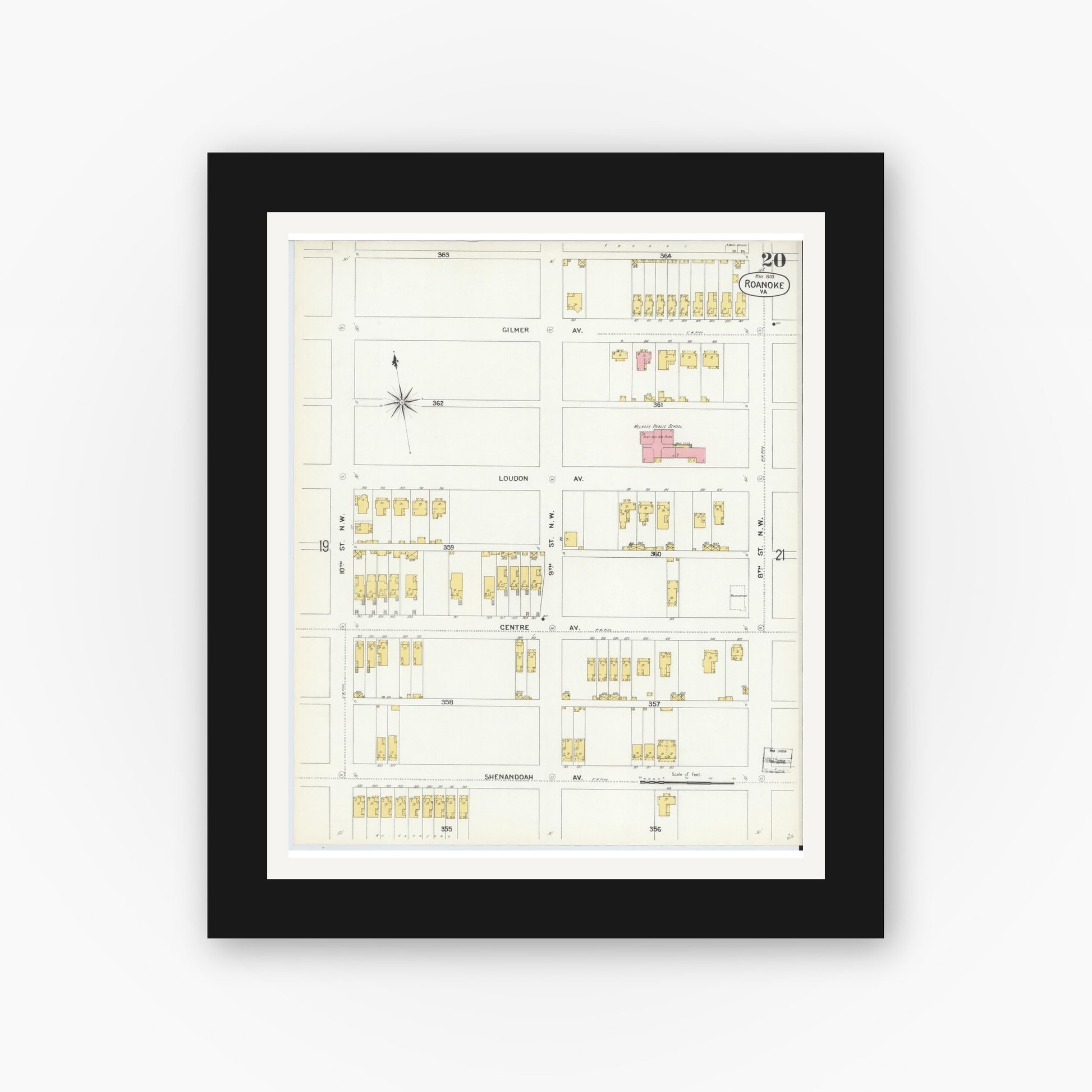 Old map wall art mockup — black gallery frame with white mat — Sanborn Fire Insurance Map from Roanoke, Independent Cities, Virginia (1903), Sheet #0020