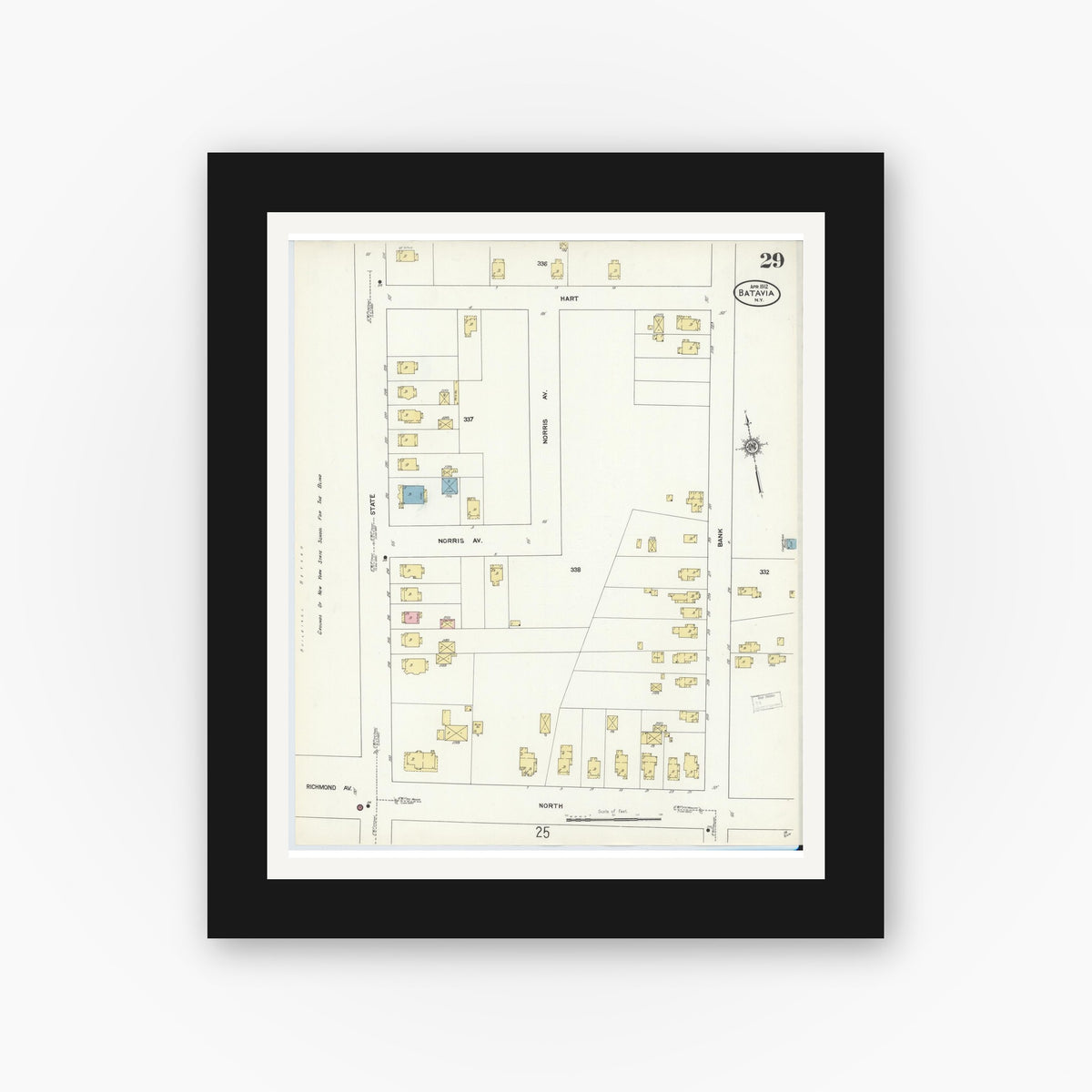 Old map wall art mockup — black gallery frame with white mat — Sanborn Fire Insurance Map from Batavia, Genesee County, New York (1912), Sheet #0029