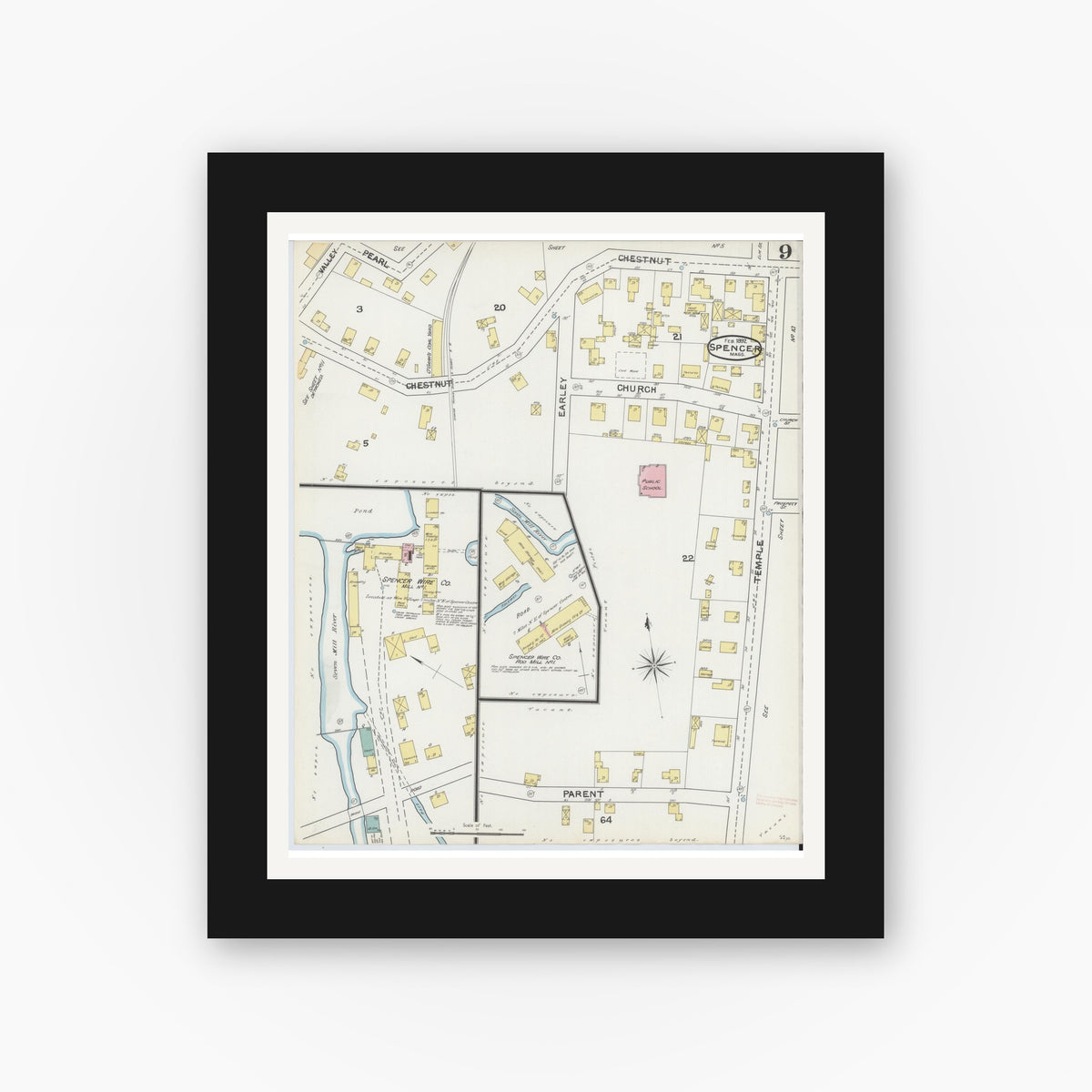 Old map wall art mockup — black gallery frame with white mat — Sanborn Fire Insurance Map from Spencer, Worcester County, Massachusetts (1892), Sheet #0009