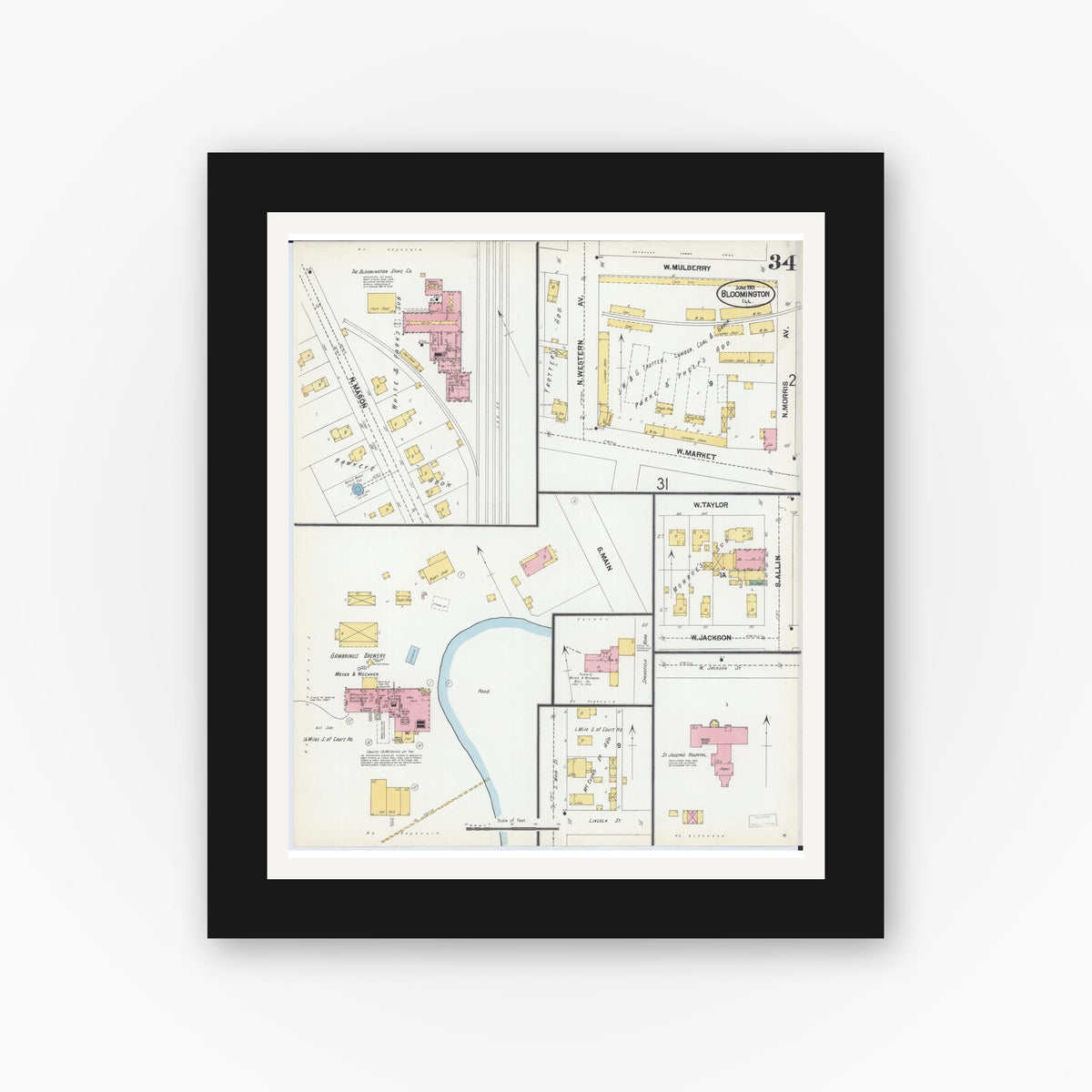 Old map wall art mockup — black gallery frame with white mat — Sanborn Fire Insurance Map from Bloomington, McLean County, Illinois (1901), Sheet #0034
