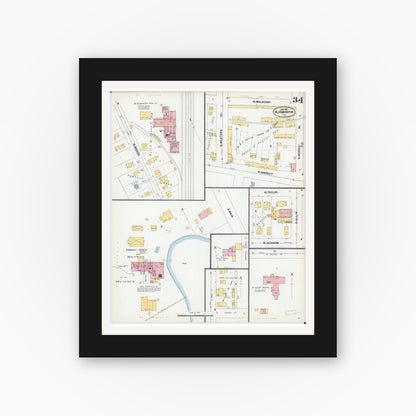 Old map wall art mockup — black gallery frame with white mat — Sanborn Fire Insurance Map from Bloomington, McLean County, Illinois (1901), Sheet #0034