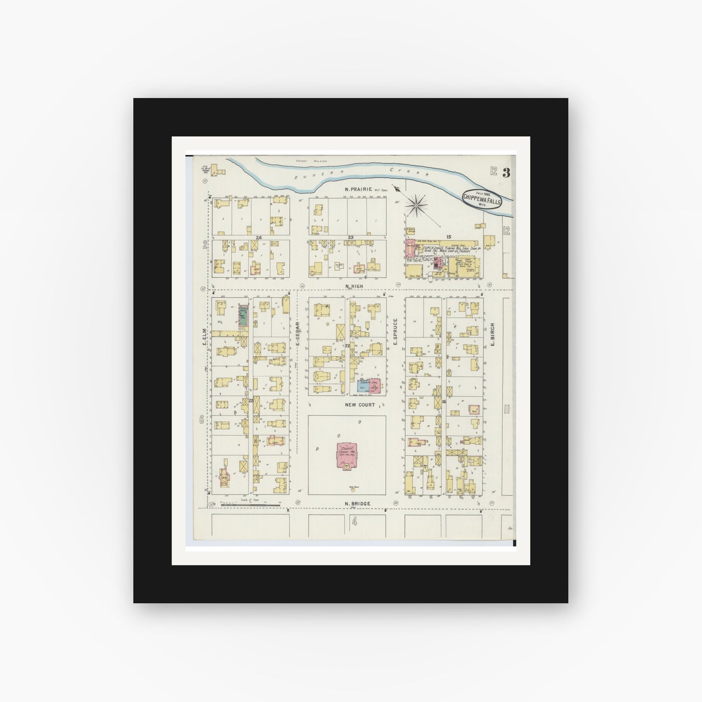 Old map wall art mockup — black gallery frame with white mat — Sanborn Fire Insurance Map from Chippewa Falls, Chippewa County, Wisconsin (1895), Sheet #0003