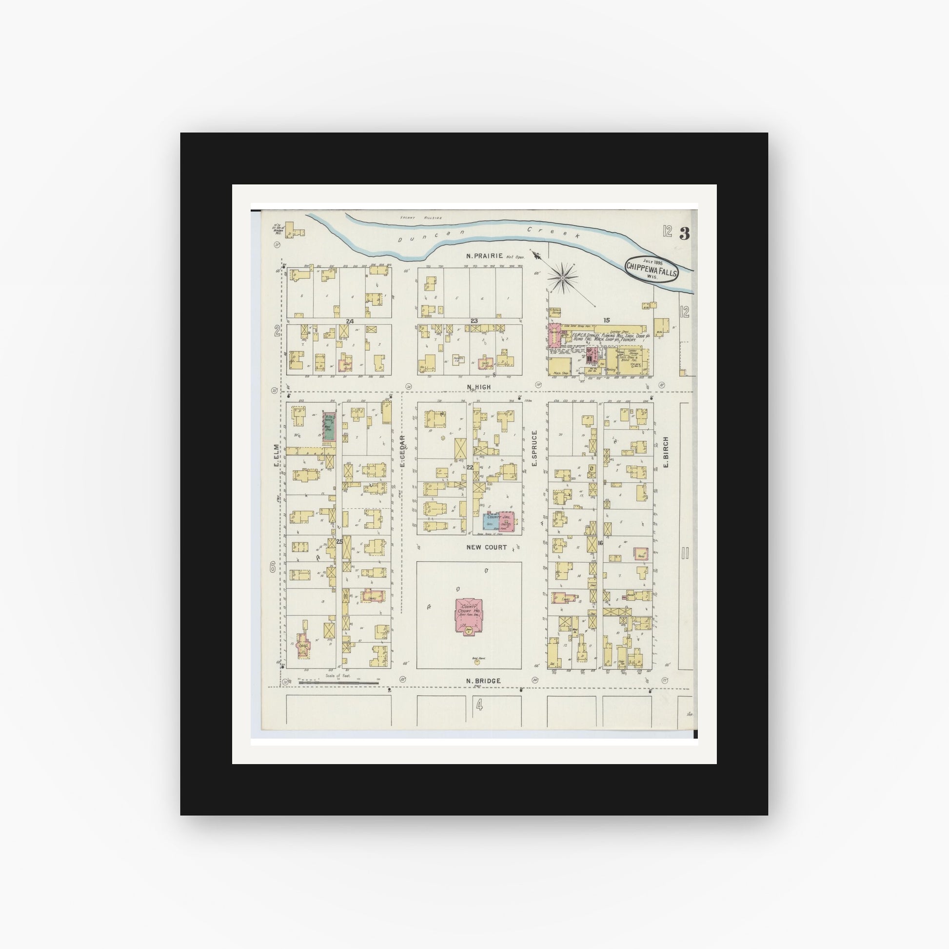 Old map wall art mockup — black gallery frame with white mat — Sanborn Fire Insurance Map from Chippewa Falls, Chippewa County, Wisconsin (1895), Sheet #0003
