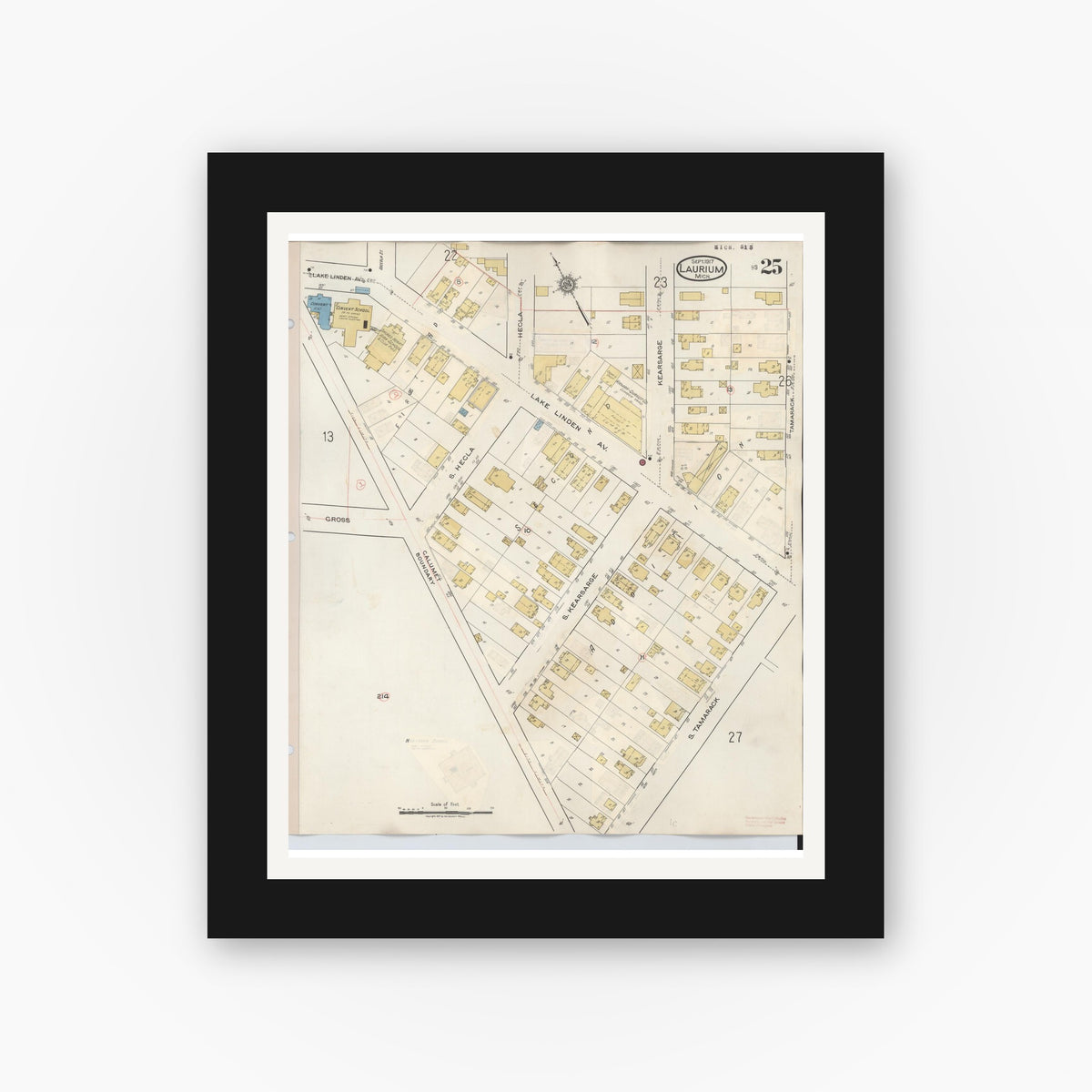 Old map wall art mockup — black gallery frame with white mat — Sanborn Fire Insurance Map from Laurium, Houghton County, Michigan (1949), Sheet #0025