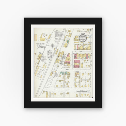 Old map wall art mockup — black gallery frame with white mat — Sanborn Fire Insurance Map from Odebolt, Sac County, Iowa (1899), Sheet #0001