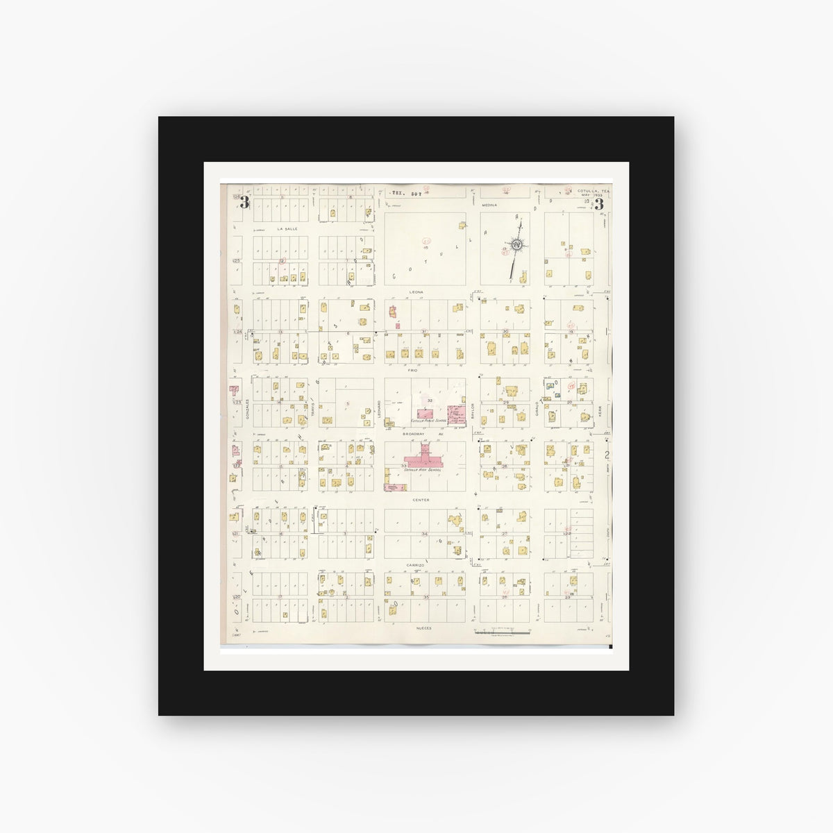 Old map wall art mockup — black gallery frame with white mat — Sanborn Fire Insurance Map from Cotulla, La Salle County, Texas (1948), Sheet #0003