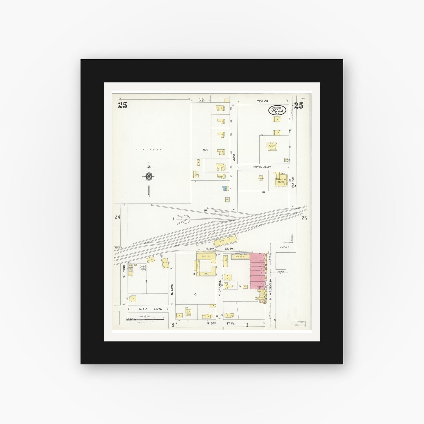 Old map wall art mockup — black gallery frame with white mat — Sanborn Fire Insurance Map from Ocala, Marion County, Florida (1924), Sheet #0025