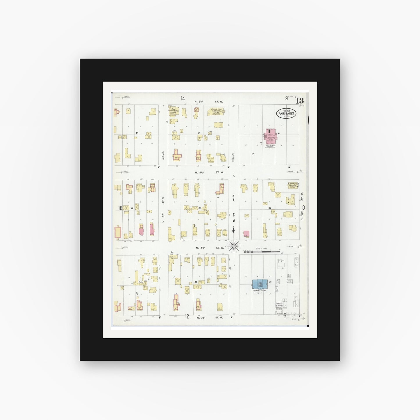 Old map wall art mockup — black gallery frame with white mat — Sanborn Fire Insurance Map from Faribault, Rice County, Minnesota (1909), Sheet #0013