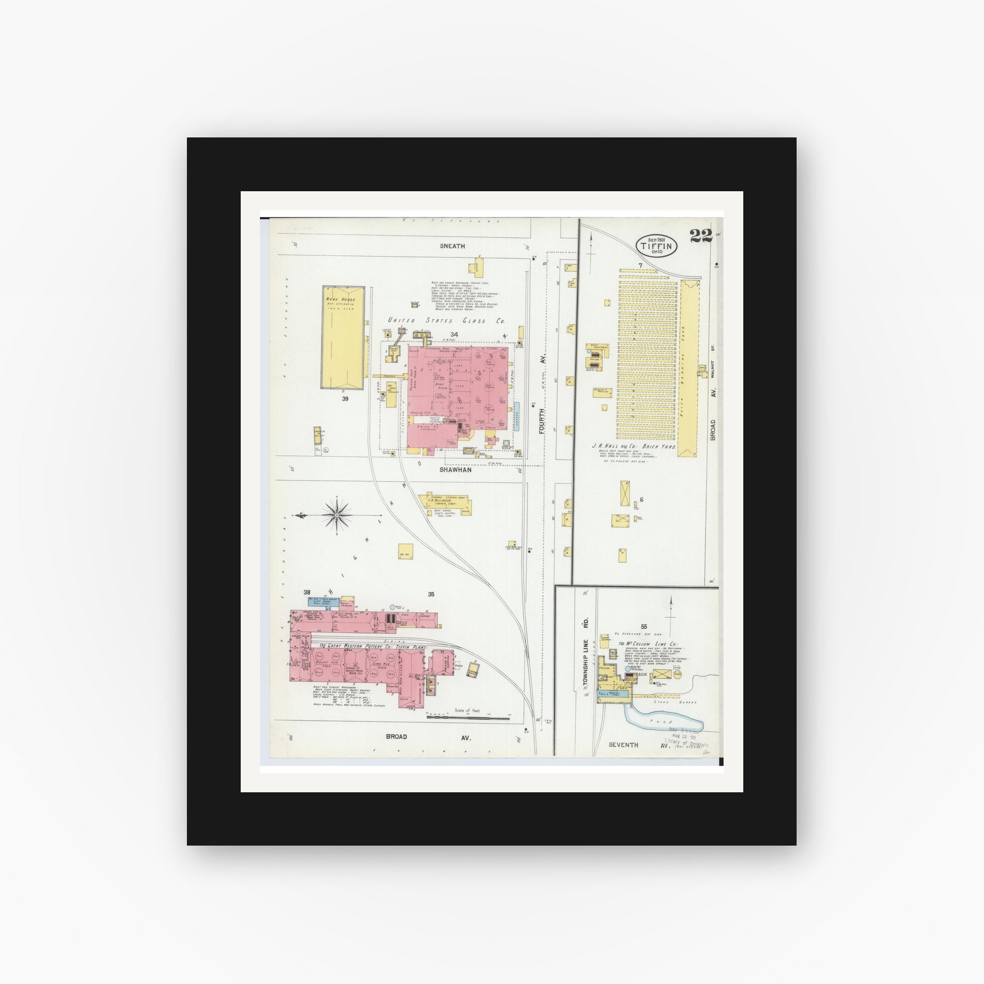 Old map wall art mockup — black gallery frame with white mat — Sanborn Fire Insurance Map from Tiffin, Seneca County, Ohio (1901), Sheet #0022