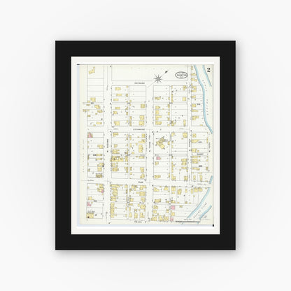 Old map wall art mockup — black gallery frame with white mat — Sanborn Fire Insurance Map from Ironton, Lawrence County, Ohio (1909), Sheet #0002