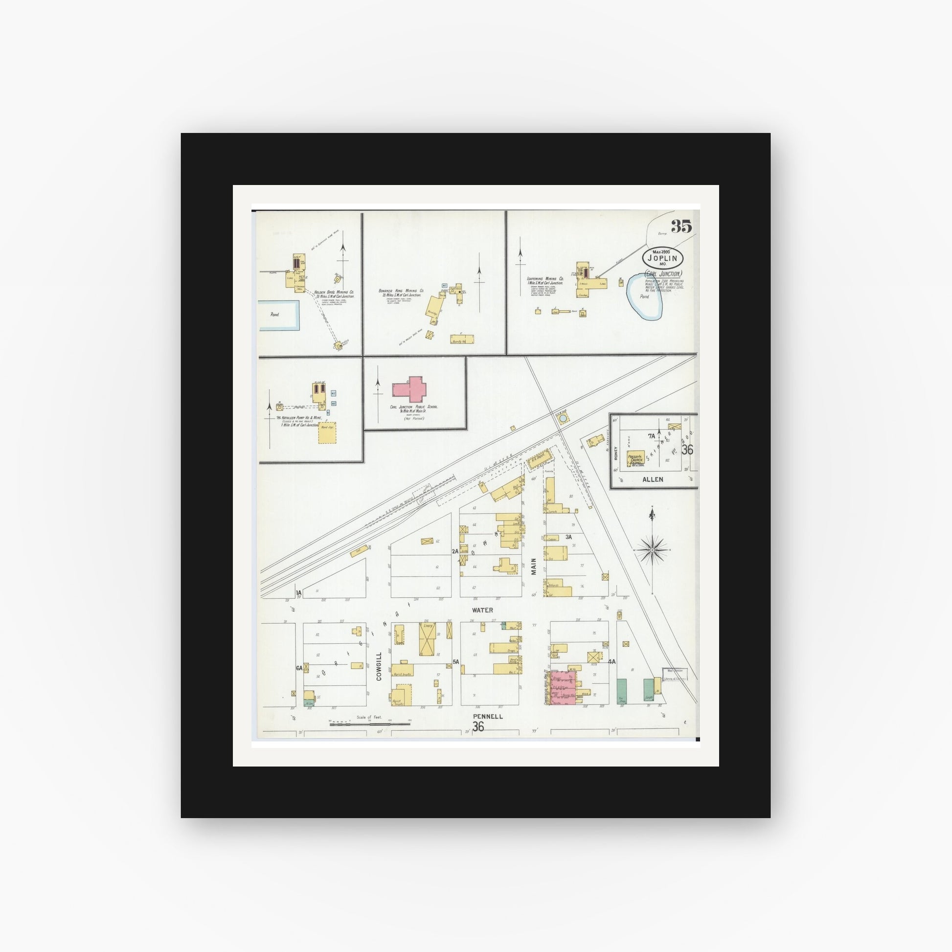 Old map wall art mockup — black gallery frame with white mat — Sanborn Fire Insurance Map from Joplin, Jasper County, Missouri (1900), Sheet #0035